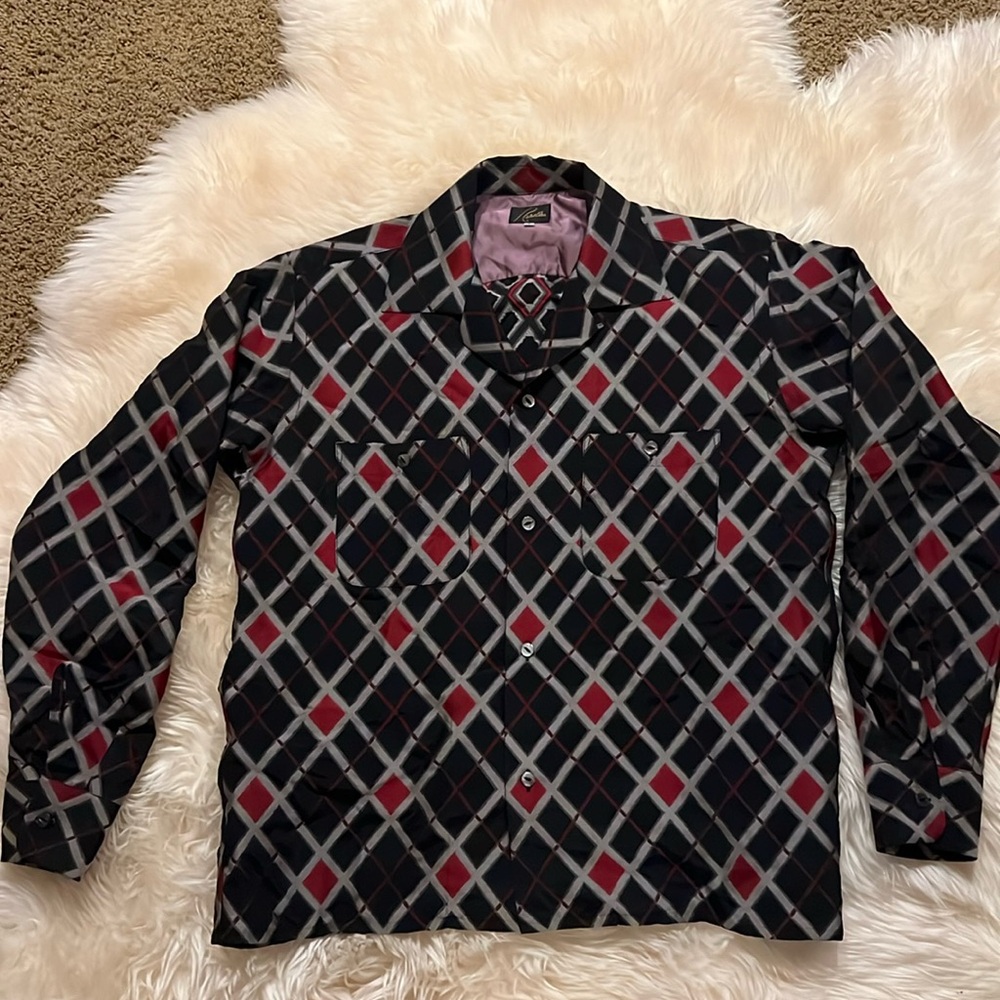 Needles Long Sleeve Button Down Shirt Rayon Red Black